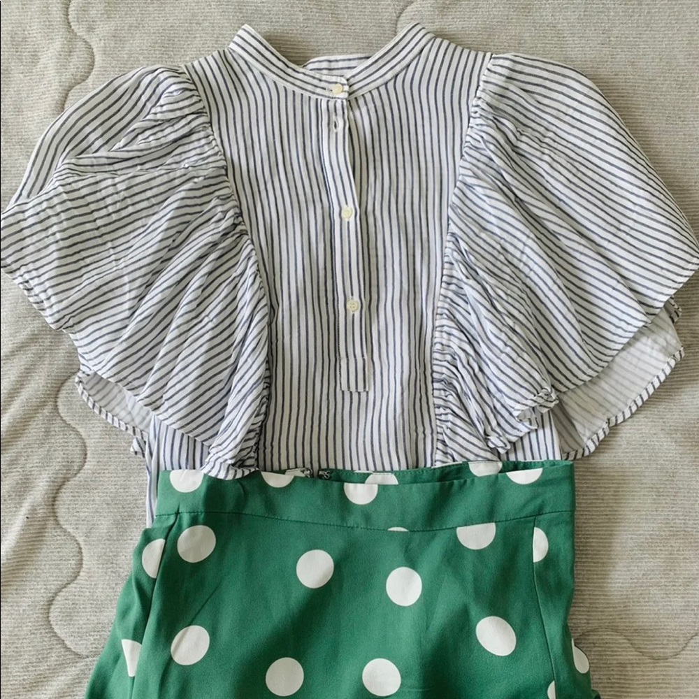 &Other Stories Ruffle Sleeve Blouse Blue and white